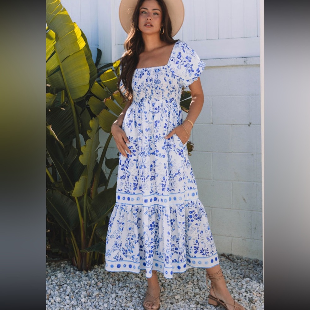 White and Blue Floral Puff-Sleeve Midi Dress - Smocked Bodice